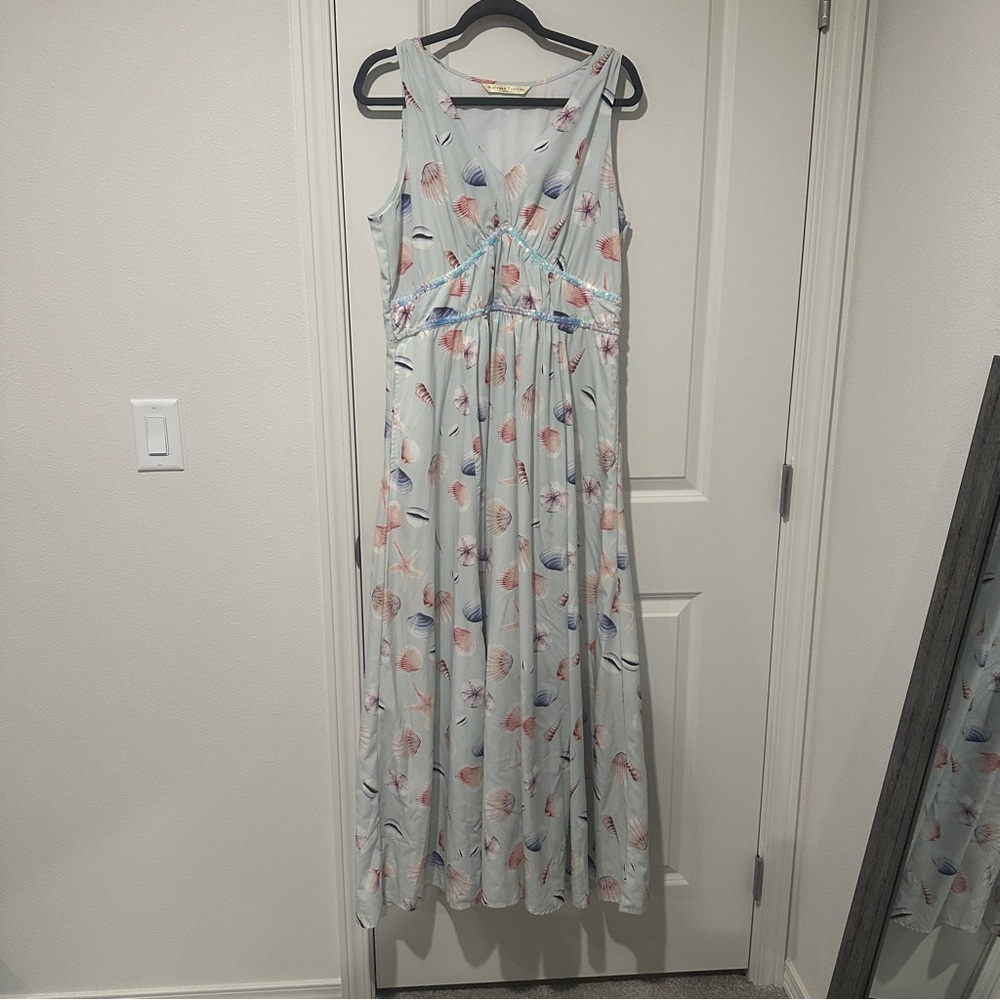 Wayward Fancies eShakti Shells Printed Long Dress Pockets Sequins Size XL 16